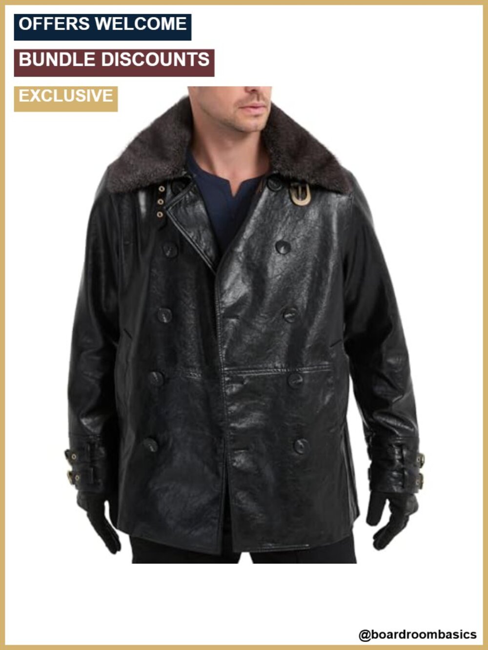 Men's Faux Leather Double Breasted Jacket with Detachable Fur Collar Cosplay